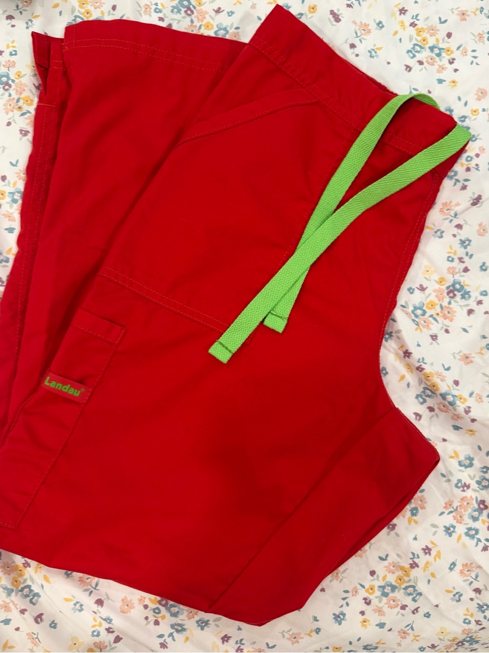 Landau Ladies Red Straight Leg Scrub Pants with Green Drawstring